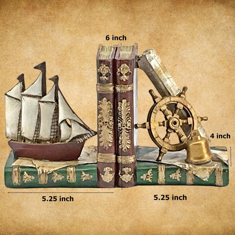 Bellaa 24247 Pirate Ship Bookends Captain Sailboat Crew Sailor Nautical Coastal Home Decor Art Statues Book Ends Shelves Stoppers Holder Nonskid Shelf Heavy Duty Supports Vintage Style - Image 4